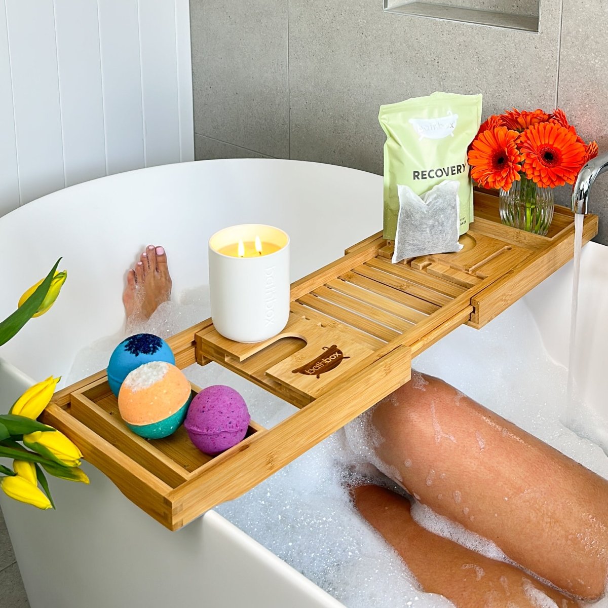 Bath Caddy - Extendable Bamboo, Timber, Wood Bath Tub Tray Stand - Bath Box Australia