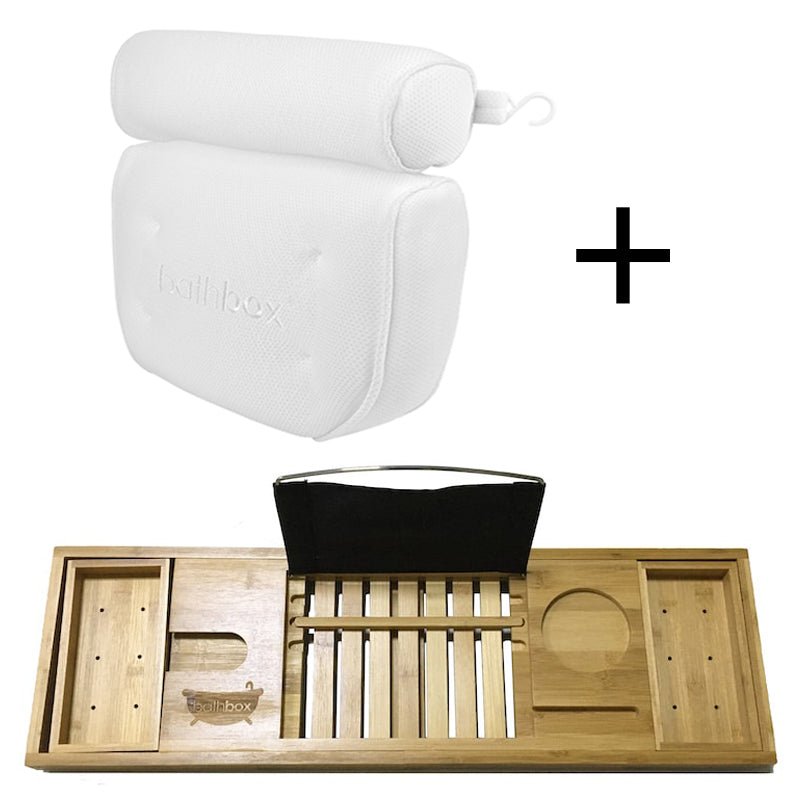 Bath Pillow & Bath Caddy Bundle - Gift Set With Bathtub Cushion Support & Tray Stand - Bath Box Australia