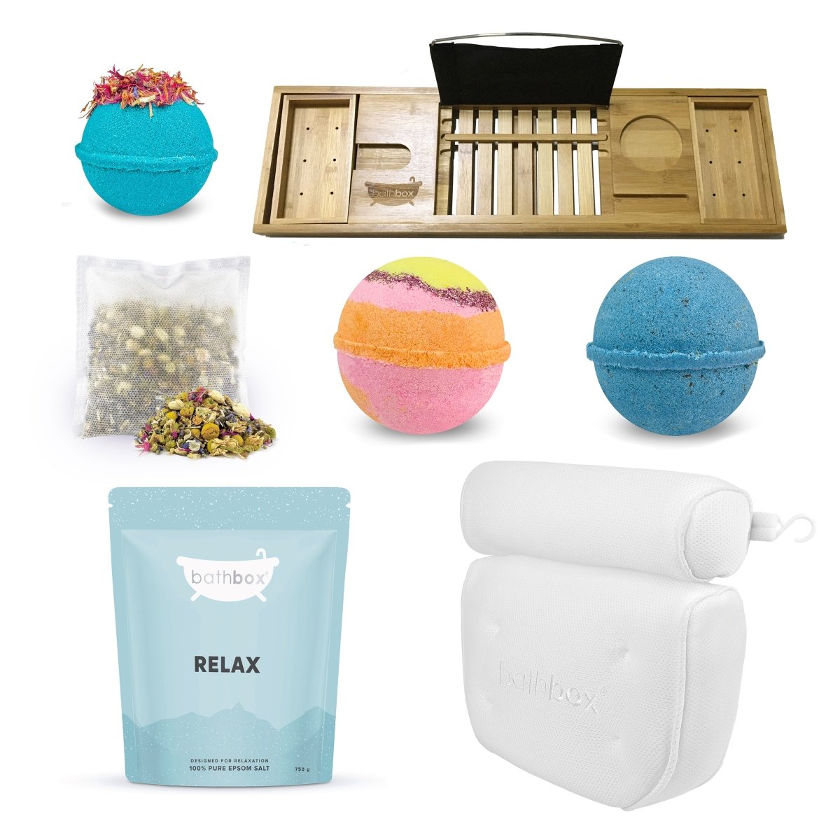 Relaxing & De-Stress Bath Gift Set - Bath Pillow & Caddy, Bath Bombs, Salts & Soaks - Made in Australia by Bath Box