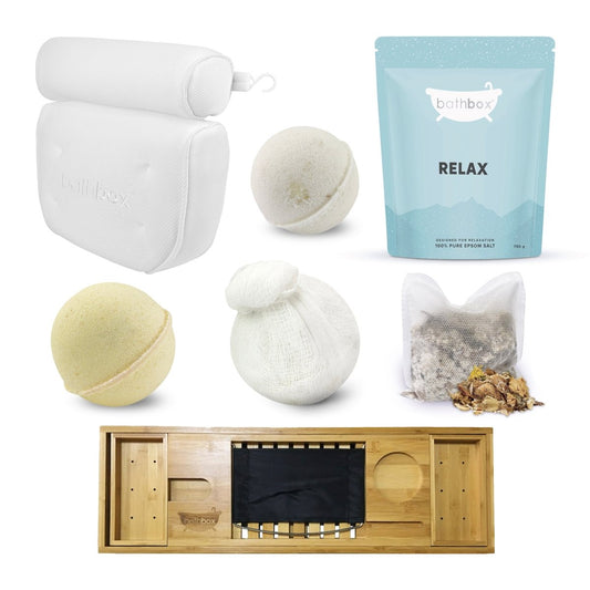 Sensitive Skin, Eczema & Psoriasis Bath Soak Bundle Gift Set - Bath Bombs, Epsom Salts, Pillow & Caddy - Bath Box Australia