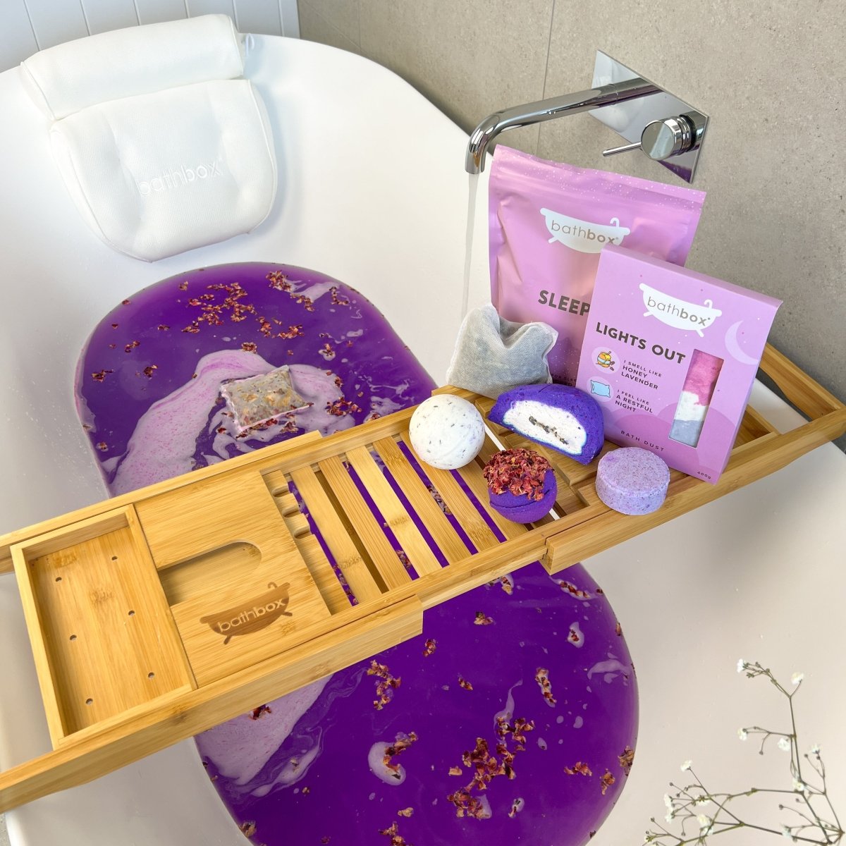 Bedtime Sleep Bath Gift Set - Bath Pillow, Bubble Bar, Bath Bombs, Salts & Soaks, Shower Steamer - Bath Box Australia